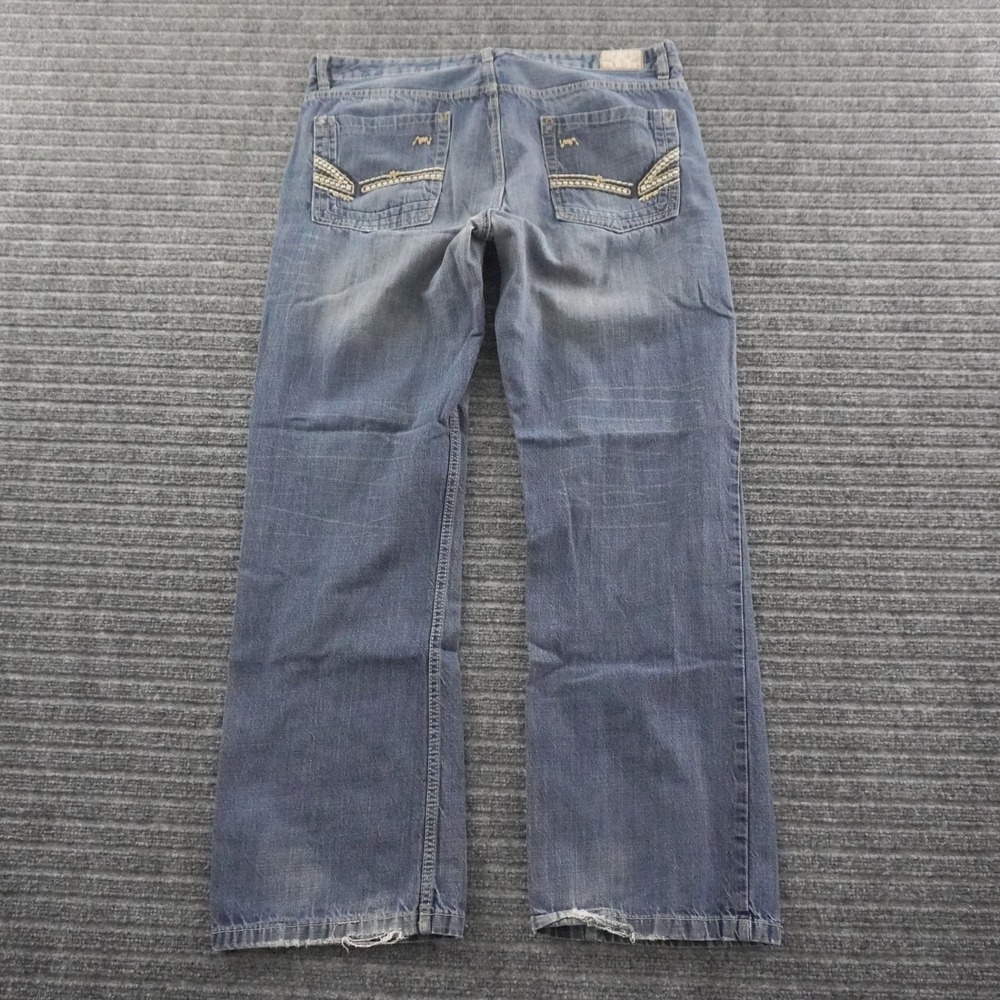 Y2K Carbon Jeans Mens 36x32 Blue Straight Leg Embroidered Baggy Denim Pants